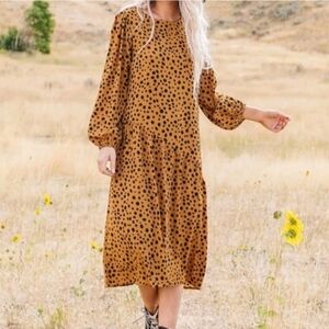 Roolee Animal Spots Dot Asymetrical Drop Waist Midi Dress Prairie Cottagecore SM